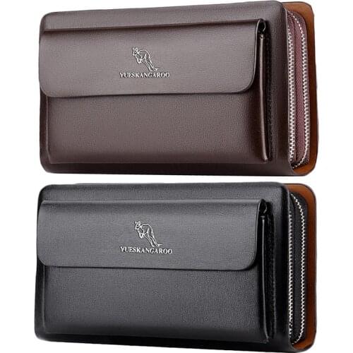 YUESKANGAROO 2 Pcs Men Clutch Bag Fashion Long Purse Double Zipper Business Wallet Male Casual Bag Black & Brown