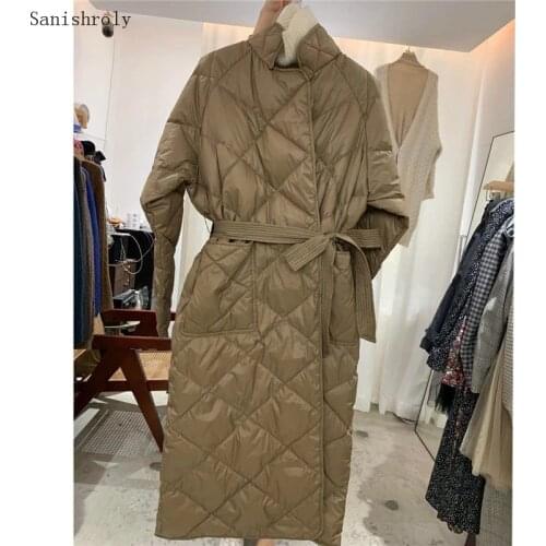 Sanishroly Chic Long Winter Cotton Coat 2021 Rhombus Pattern Casual Loose With Sashes Women Parka Jakcet Pockets Stylish Outwear
