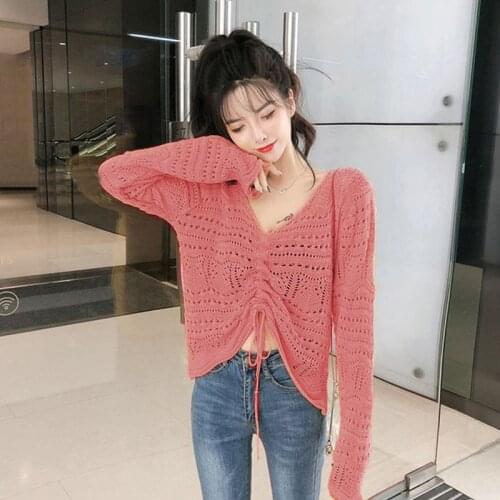 Women Hollow Out Tshirt Spring Summer Drawstring Loose V-neck Ladies Knit Sunscreen T Shirt Top