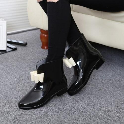 Women Flower Bowtie Ankle Boot Winter Rain Boots Female Waterproof Solid Rubber Platform Rain Shoes Ladies Footwear YYJ103