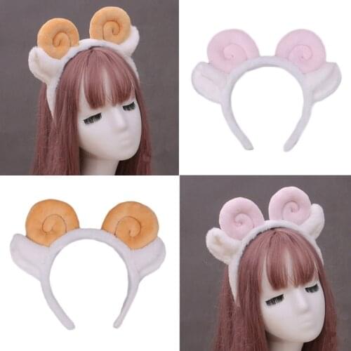 Women Animal Sheep Ears Headdress Plush Goat Horns Hairband Furry Headband for Halloween Christmas Cosplay Accessories