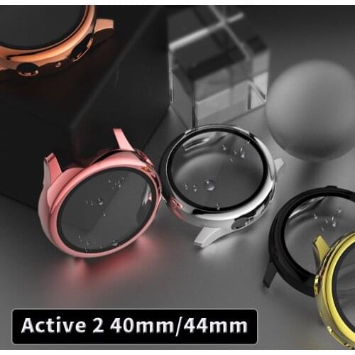 Hard PC+Glass Plated Case for Samsung Galaxy Watch Active 2 40mm 44mm Full Screen Protective Cover Thin Shockproof Bumper Shell