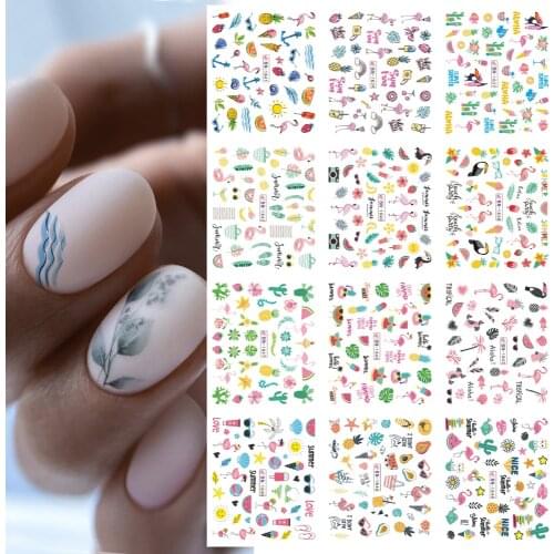 12 design summer beach Cartoon Nail Stickers Transfer Sliders Coconut Tree Water Transfer Decals For Manicure DIY Wraps Decor