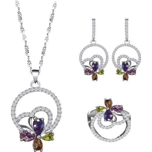Ayowei For lover gifts Butterfly Flower Design Silver plated different Zircon Earrings Necklace Rings Jewelry Sets JS833