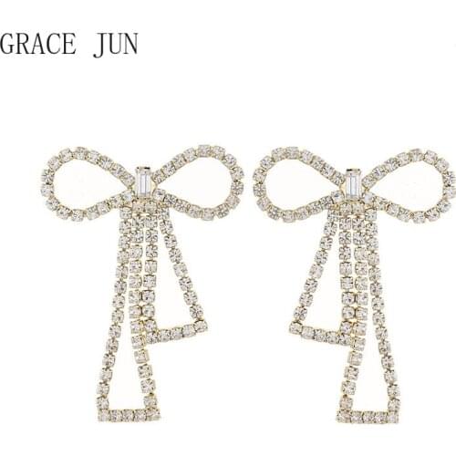 GRACE JUN Big Bow-knot Clip on Earrings No Pierced Fashion Luxury Gold Color Rhinestone Statement Stud Earrings Korea Style