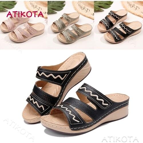 Atikota Summer Women Wedges Fashion Sandals Open Toe Non-slip Beach Casual Plus Size Ladies Sandal Shoes