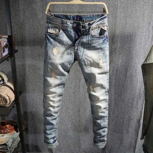 European Street Fashion Men Jeans Retro Light Blue Slim Ripped Jeans Men Korean Embroidery Designer Vintage Casual Denim Pants