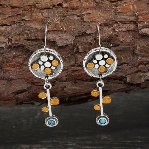 European and American New Retro Geometric Key-shaped Two-color Earrings Personalized Inlaid Turquoise Earrings Wholesale