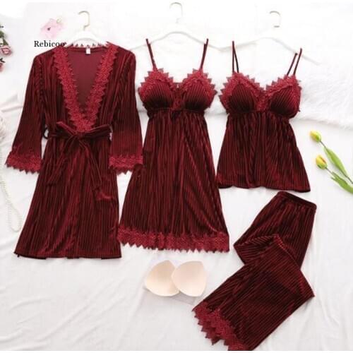4Pcs Pajamas Suit Women Velour Sleepwear Kimono Gown Nightwear Autumn New Bathrobe Soft Velvet Pyjamas Home Clothes