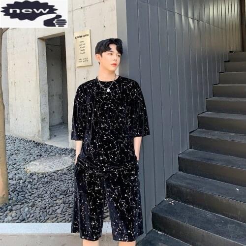 Summer Tracksuit Nightclub Velvet Shiny Mens Two Piece Set Gothic Casual Loose Black T-Shirt Elastic Straight Knee-Length Shorts