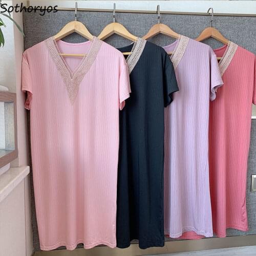 Summer Thin Nightgowns Women Patchwork V-neck Short Sleeve Female Loungewear Fashion Loose Casual Knee-length Cozy Korean Style