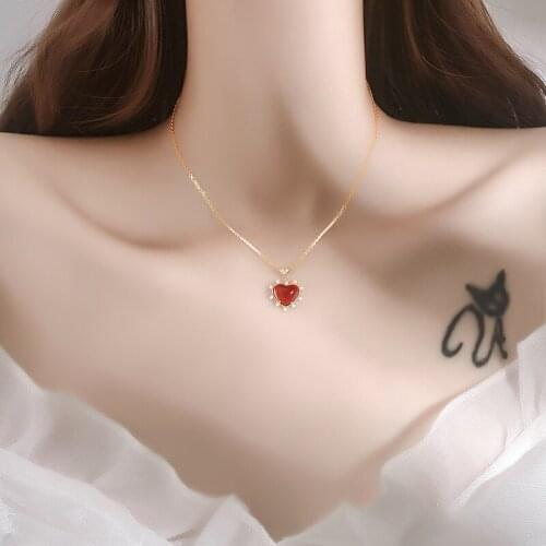 Red Crystal Peach Heart-shaped Cute Zircon Love Heart Pendant Necklace For Women Lovers Jewelry Weeding Gift