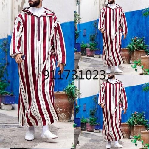 Islam Abaya Mens Clothing Muslim Dresses Long 2021 V-Neck Color Red Hooded Straight Stripe Fashion Loose Male Dress 2021 Summer