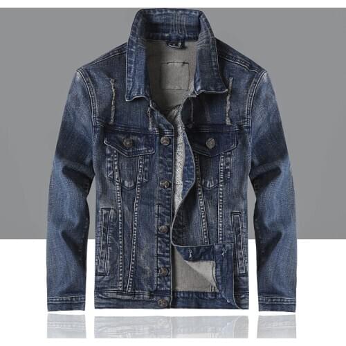 Mens Denim Jacket Blue Long-sleeved Lapel Back Embroidered Patch Jacket Young Men Streetwear Autumn Male Clothing Wholesale