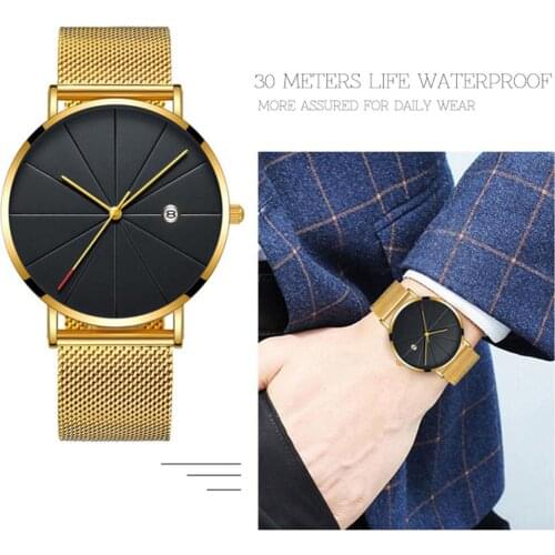 Mens Simple Watch Stainless Steel Ultra-thin Watches Classic Quartz Date Wristwatch Casual Mesh Belt Masculino Relogios