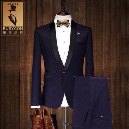 Two Pieces Purple Suit Terno Masculino Slim Fit Shawl Collar Men Wedding Suits 2017