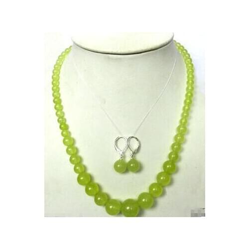 New hot New 6-14mm Peridot Round Bead Jade Necklace + Earrings 18"