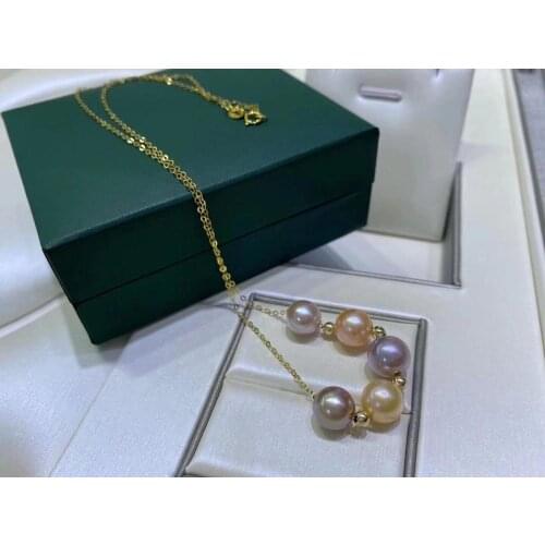 Solid 18K Gold Round 7-8mm Nature Fresh Water Purple Colorful Pearls Necklaces for Women Fine Presents