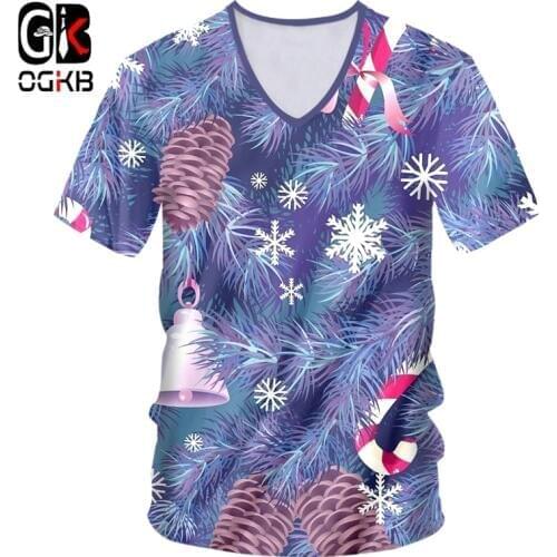 OGKB Women Christmas Snowflake V Neck Tshirt 3D Printed Santa Claus And Bow-knot Best Selling New Arrivals Polyester Tee Shirt
