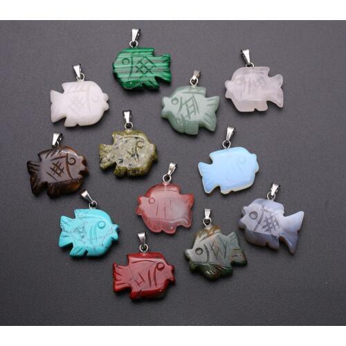 Wholesale 24pcs/lot Green Turquoises Natural Stone Carved Goldfish Charm Tropical Fish Pendant for Necklace Making Free Shipping