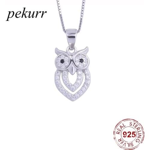 Pekurr 925 Sterling Silver Crystal Big Eye Owl Necklace For Women Fly Bird Pendants Collar Party Fashion Jewelry Accessories