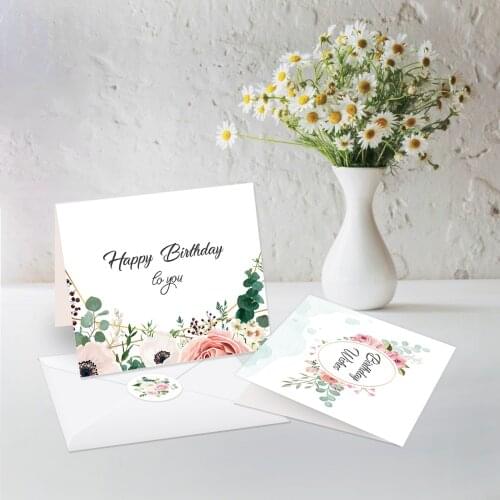 52pcs Sweet Flowers Design Kraft Gift Cards Happy Birthday Greeting Cards Envelopes Girls Baby Shower Birthday Party Stickers