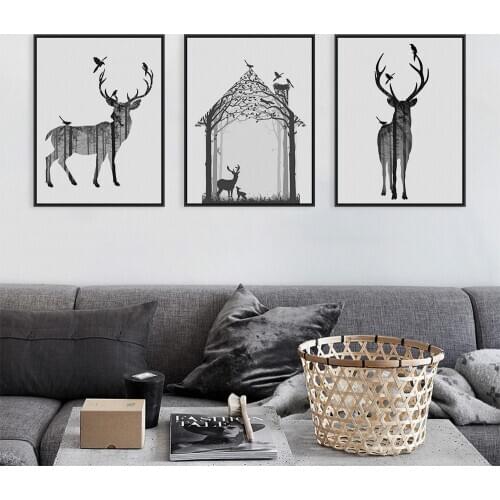 Nordic Black White Deer Animal Silhouette A4 Posters Abstract Wall Art Pictures Modern Living Room Home Decor Canvas Paintings