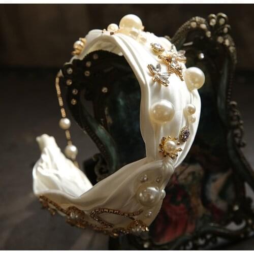 Luxury Bride White Pearl Hairband Headress Satin Bow Rhinestone Hair Jewelry Fashion Women Photo SHoot Lolita Hair Accessories