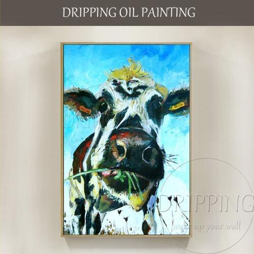 Artist Hand-painted High Quality Modern Wall Art Animal Cow Oil Painting Funny Animal Cow Eating Oil Painting for Wall Decor