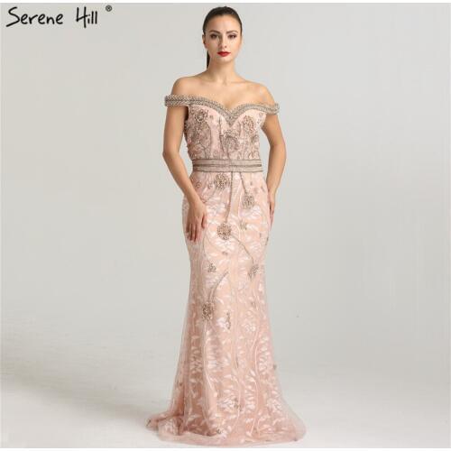 Off Shoulder Sexy Tulle Mermaid Evening Dress Sleeveless Fashion Beading Pearls Luxury Evening Gowns 2020 Serene Hill LA6423