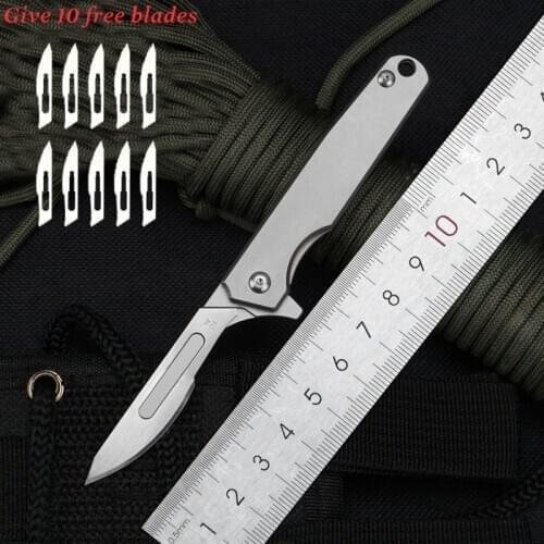 Titanium Alloy EDC Folding Knife Silver Mini Scalpel Open Express Multifunctional Tool Free 10 Blades