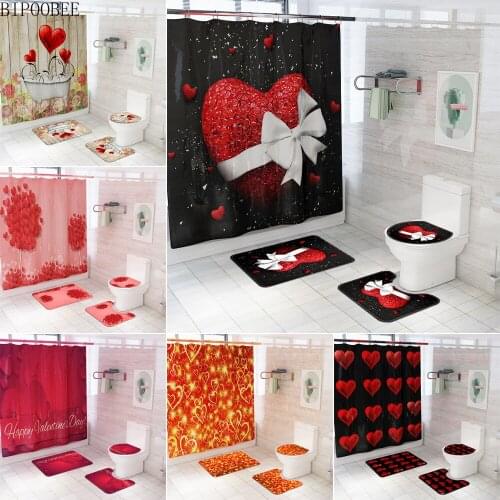Valentines Day Pattern Fabric Shower Curtain Love Flowers Bathroom Curtains Bath Mats Rugs Flannel Toilet Cover Non-slip Carpet