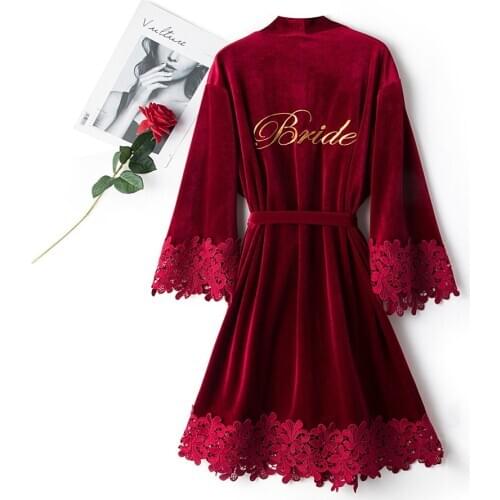 Embroidery Velour Lace Kimono Bathrobe Gown Letter Bride Bridesmaid Wedding Robe Sexy Sleepwear Intimate Lingerie Nightwear
