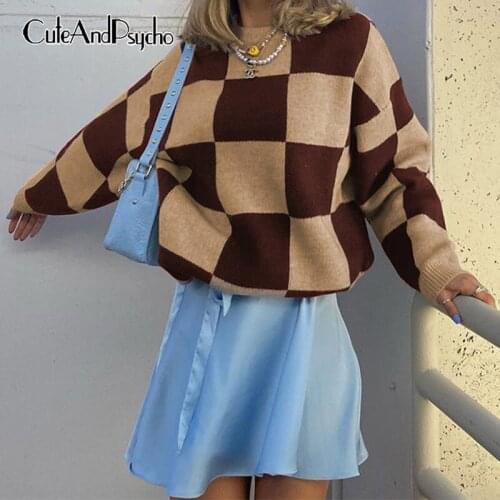 Plaid Print Y2K Grunge Knit Sweaters Streetwear Loose Patchwork Cute Pullovers Autumn Fashion Aesthetic Knitwear Cuteandpsycho