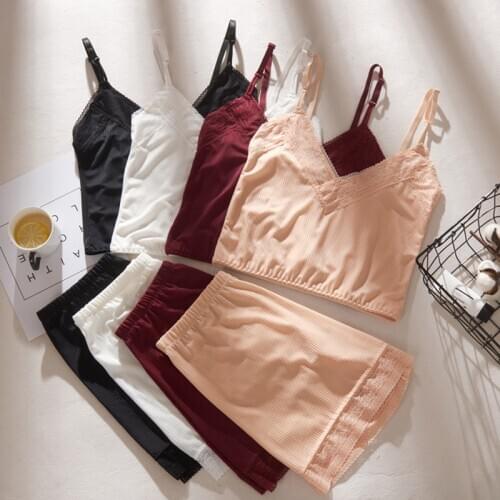 Women Sleepwear Pijamas Lace Pyjamas V-Neck pijama Sexy Cotton Mujer Pajama Set Sleeveless Feminino Cami Top and Shorts