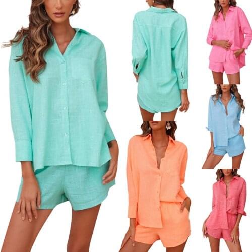 Kayotuas Women 2Pcs Tracksuit Spring Autumn Single Breasted Button Long Sleeve Lapel Shirt Tops+Shorts Casual Outfit Sets