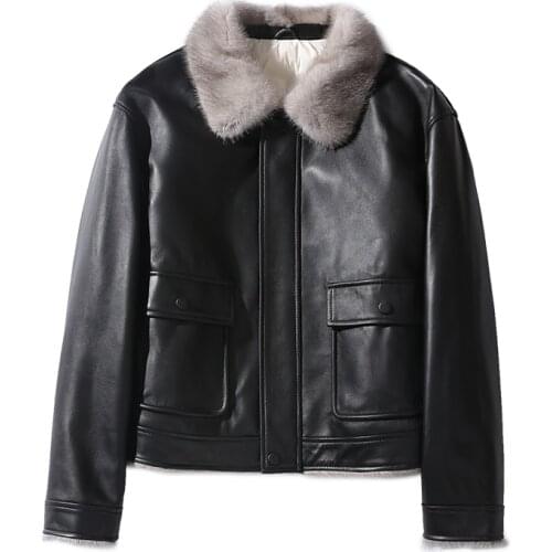 Real Mink Fur Collar Female Winter Coat 90% White Duck Womens Winter Jacket Sheepskin Leather Jacket Women Femme Veste Zjt685