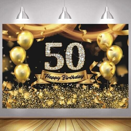 Gold 50th Photo Backdrop Lady Happy Birthday Party Decoration Balloon Photography Backgrounds Banner