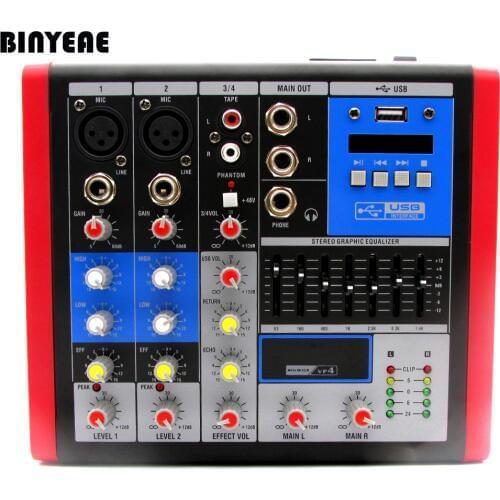 4 Ch Mini-Mixer Audio with 7 Band EQ Mixing Console, 48V Phantom Power for Computer / Live Show and Home Karaoke VP4