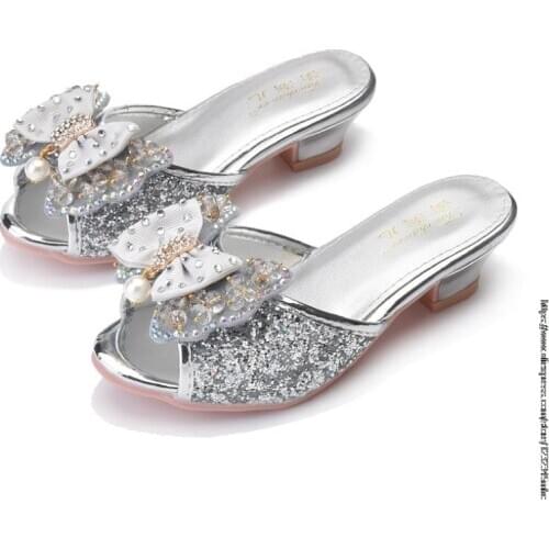Frozen Princess Kids Leather Slippers for Girls Bow Casual Shoes Glitter Children High Heel Girls Elsa Sandals Butterfly Knot