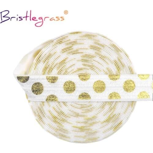 BRISTLEGRASS 2 5 10 Yard 5/8" 15mm Gold Polka Dot Foil Print Fold Over Elastics FOE Spandex Band Tape Hair Tie Dress Sewing Trim