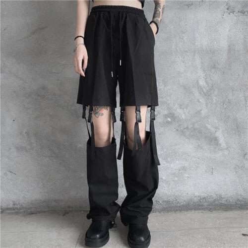QWEEK Gothic Harajuku Black Cargo Pants Women Mall Goth Techwear Wide Leg Trousers for Female 2021 Grunge Style Dark Academia
