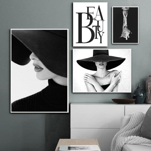 Black White Handsome And Cool Women Poster Fashion Modern Sexy Lips Hat Canvas Painting Wall Art Pictures For Living Room Decor