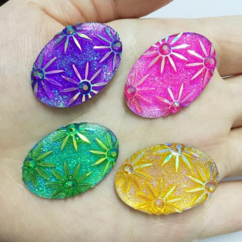 HOT 18pcs 20mm*30mm AB Resin Oval Flower Rhinestone Flatback Wedding Diy Buttons D75*3