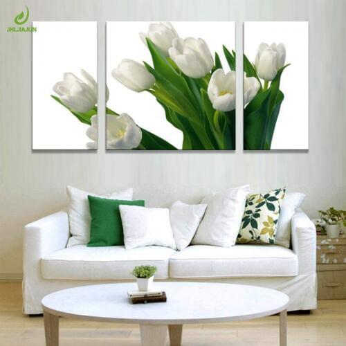 JHLJIAJUN Nordic Triptych Withe Tulips Flower Canvas Painting Modular Oil Wall Art Posters And Prints Living Room Home Decor