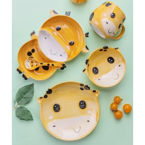 Nordic Cartoon Creative Animal Rabbit Monkey Bear Deer Ceramic Bowl And Plate Water Cup Spoon ChildrenS Tableware Set Household