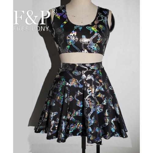 Halloween Cosplay Costumes Holographic Rave Pole Dance Tank Top Burning Man Festival Bottom Skater Circle Skirt