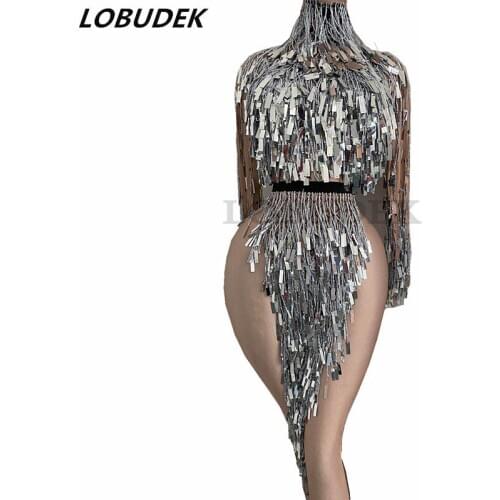 Latin Dance Costume Silver Sequins Tassels Slit Dress High Collar Long Sleeve Fringes Dance Outfit Bar DJ Singer Dancer Costume