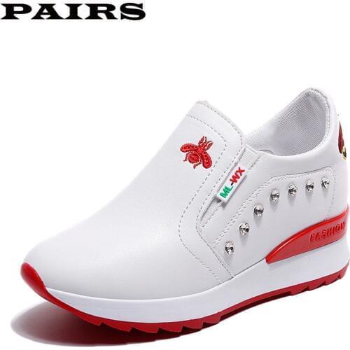 Casual High Heels Breathable Women Sneakers PU Round Toe Crystal Embroider Platform Wedges Tenis Feminino Female Vulcanize