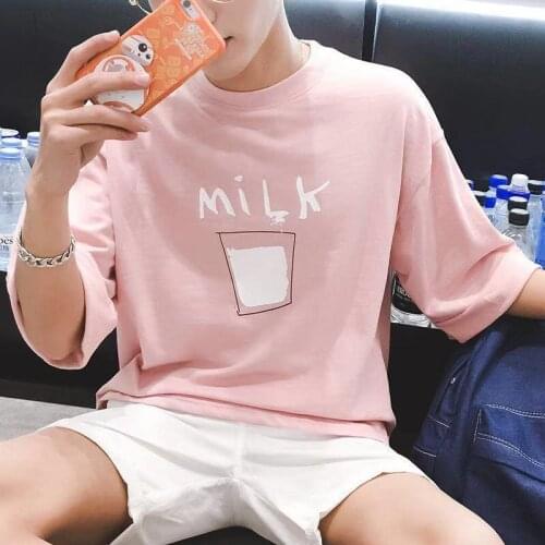 Summer Korean mens and womens trend is simple bf Harajuku short-sleeved T-shirt loose five-minute sleeve pink